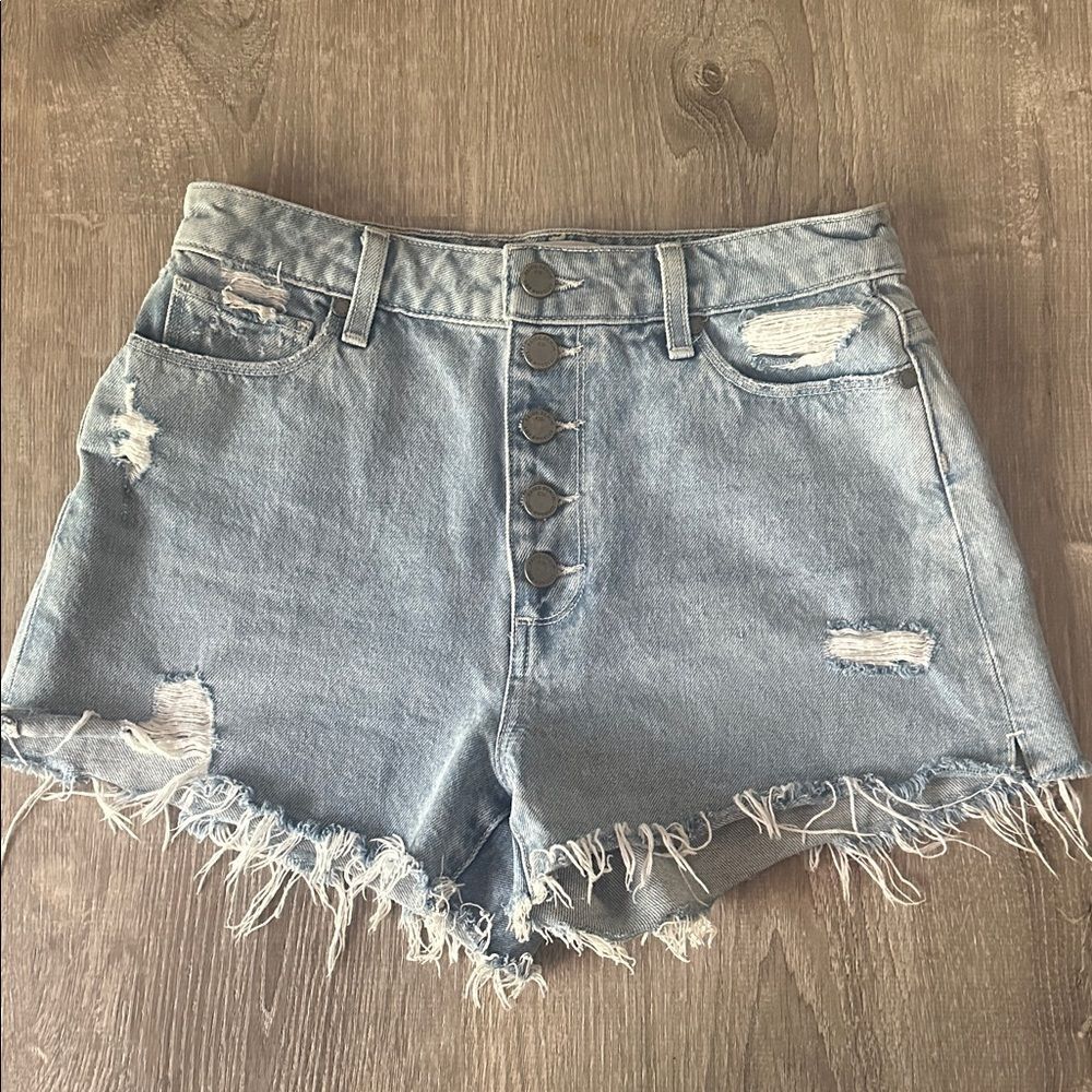 PAIGE Light Blue Distressed Jean Shorts